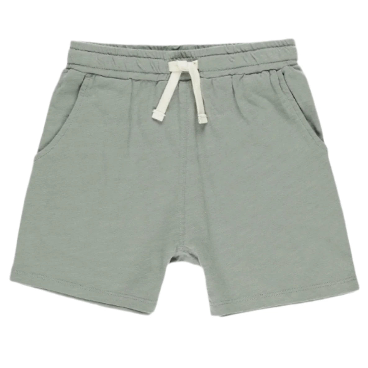 The Boys' Sam Short by Rylee & Cru in a light eucalyptus hue features airy cotton, an elastic waistband, and two side pockets, shown on a white background.