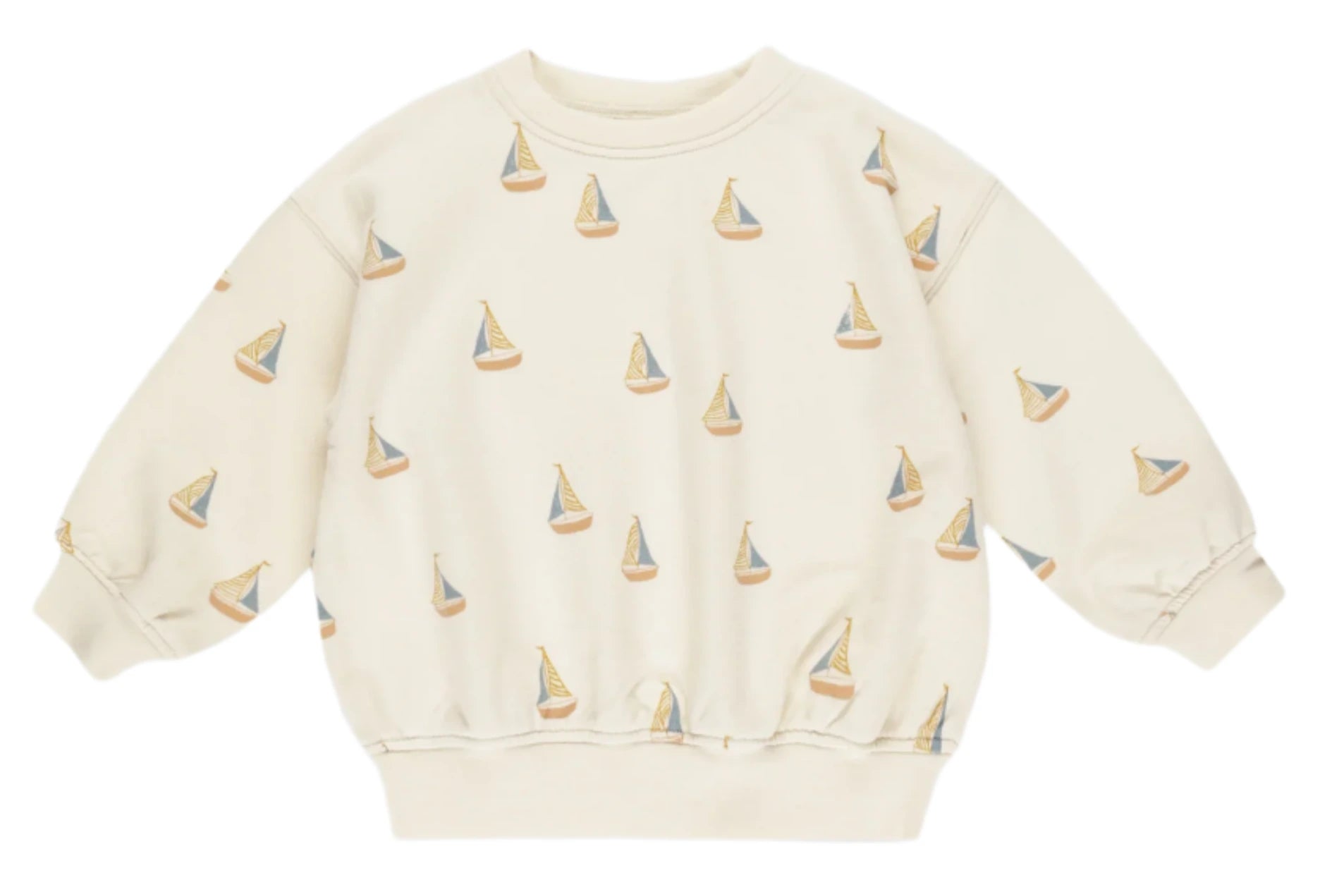 The Rylee & Cru Baby Boys' and Boys' Sweatshirt is a beige loose-fit pullover with long sleeves, featuring an all-over sailboats print in muted blue, yellow, and beige tones.