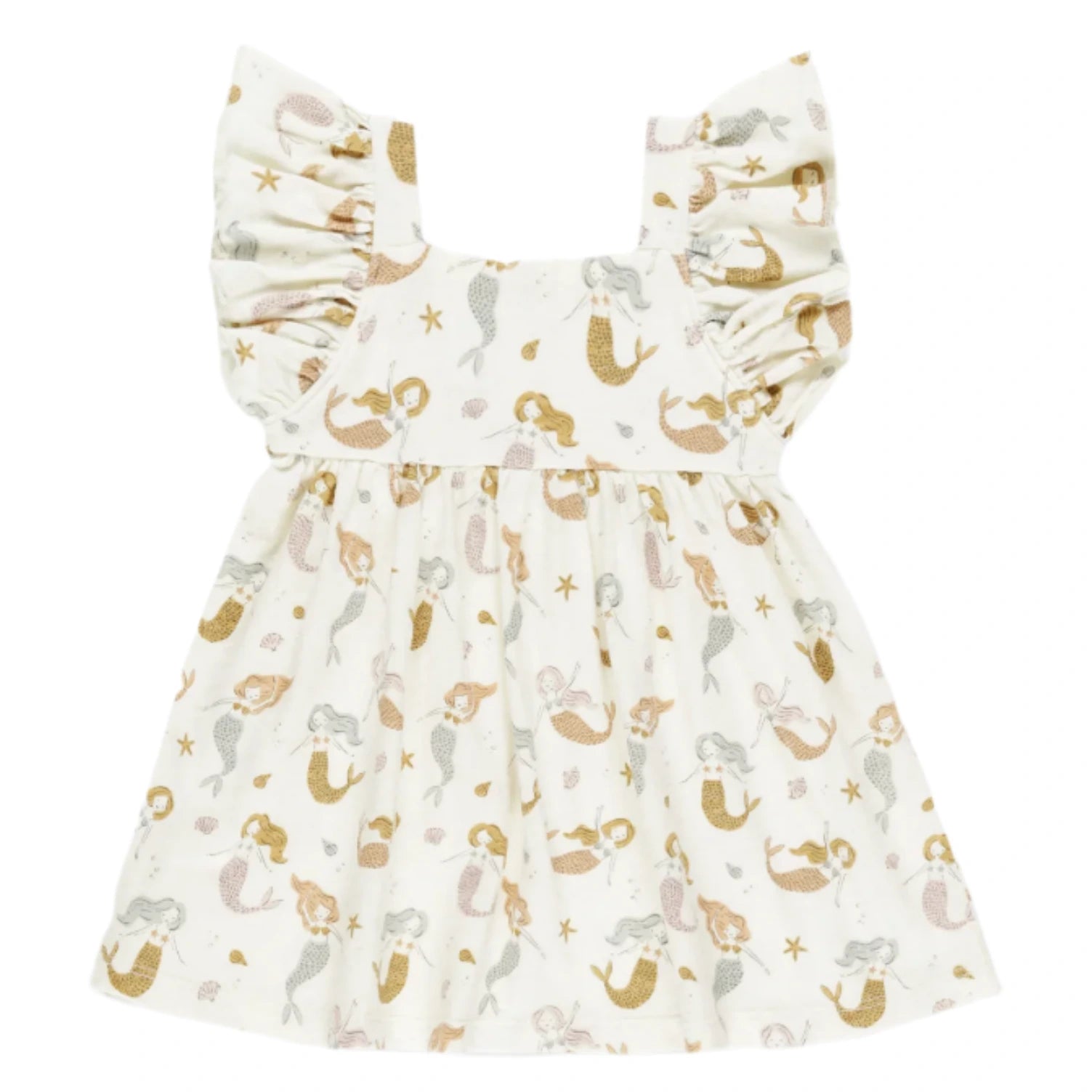 The Rylee & Cru Baby Girls' and Girls' Mariposa Dress features butterfly sleeves and an all-over mermaid and starfish print in brown, gold, and gray.