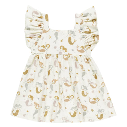The Rylee & Cru Baby Girls' and Girls' Mariposa Dress features butterfly sleeves and an all-over mermaid and starfish print in brown, gold, and gray.