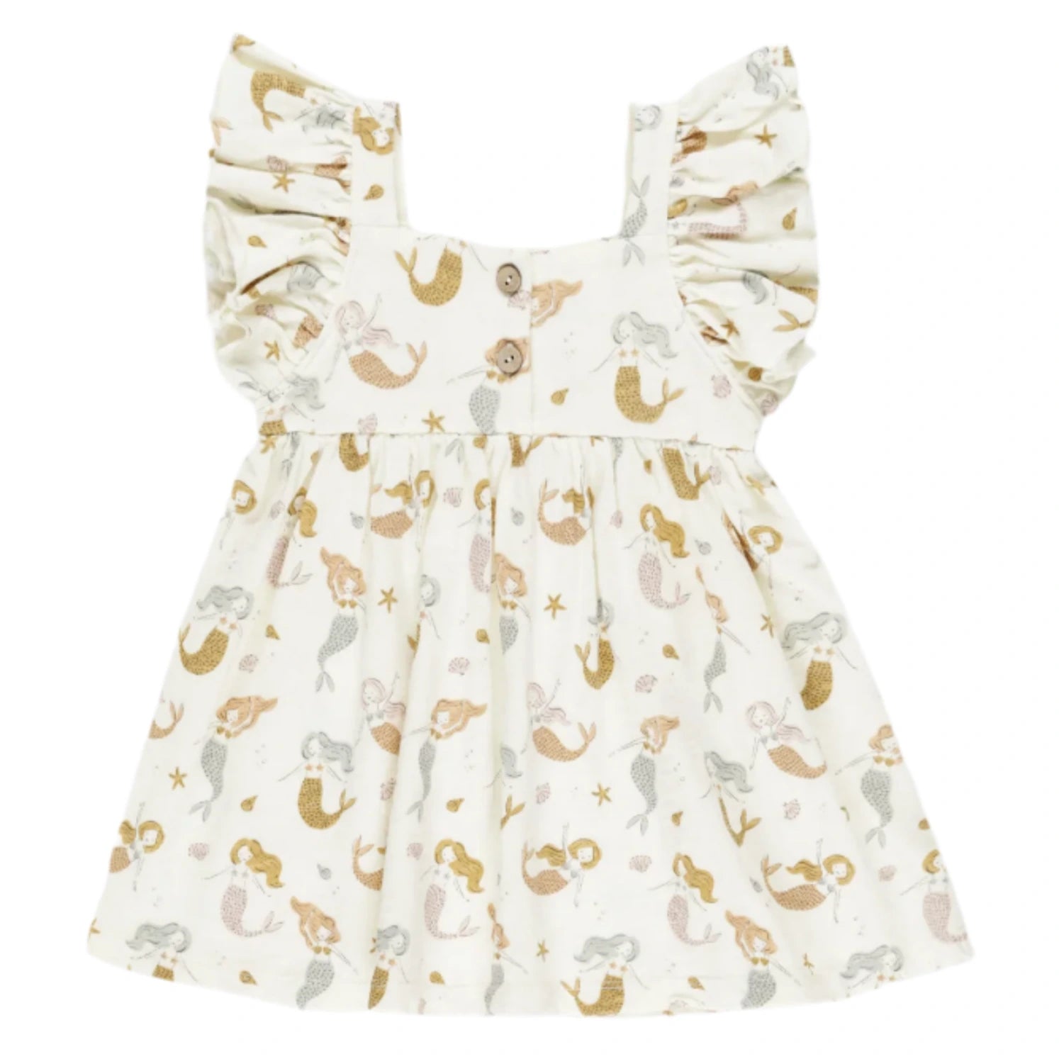 The Rylee & Cru Baby Girls' and Girls' Mariposa Dress is sleeveless, with butterfly sleeves and a charming pastel mermaid and starfish print on white.
