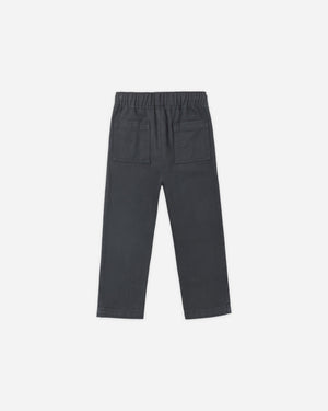 The Baby Boys’ and Boys’ Kalen Pant by Rylee & Cru is displayed from the back in dark gray, highlighting its elastic waistband with adjustable drawstrings and two square back pockets, laid flat on a white background.