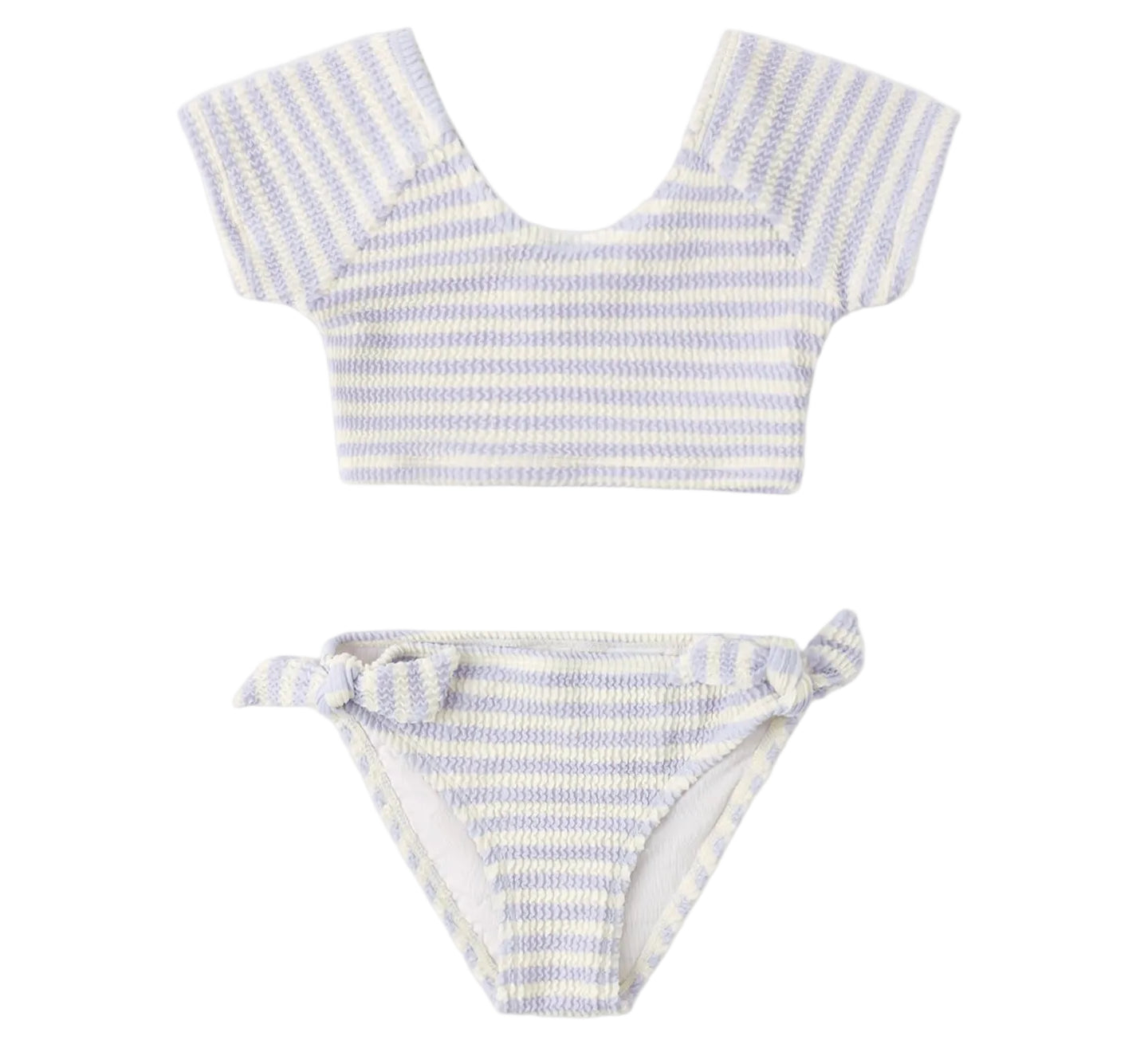 The Rylee & Cru Girls' Cropped Rashguard Set includes a short-sleeve crop top and matching bottoms with light blue and white stripes, side-tie detail, and UPF 50+ protection for stylish, sun-safe swimwear.