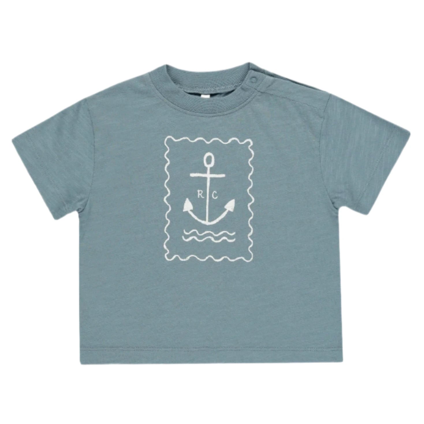 The Baby Boys' and Boys' Relaxed Tee by Rylee & Cru is a blue soft cotton jersey with a white anchor spot print and "R" and "C" letters on the chest.