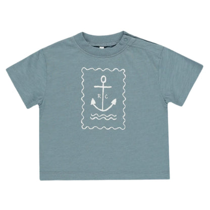The Baby Boys' and Boys' Relaxed Tee by Rylee & Cru is a blue soft cotton jersey with a white anchor spot print and "R" and "C" letters on the chest.
