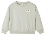 Rylee & Cru Baby Girls’ and Girls’ Oversized Sweatshirt in light gray, featuring long sleeves and a small embroidered white daisy with a brown center on the upper left chest.