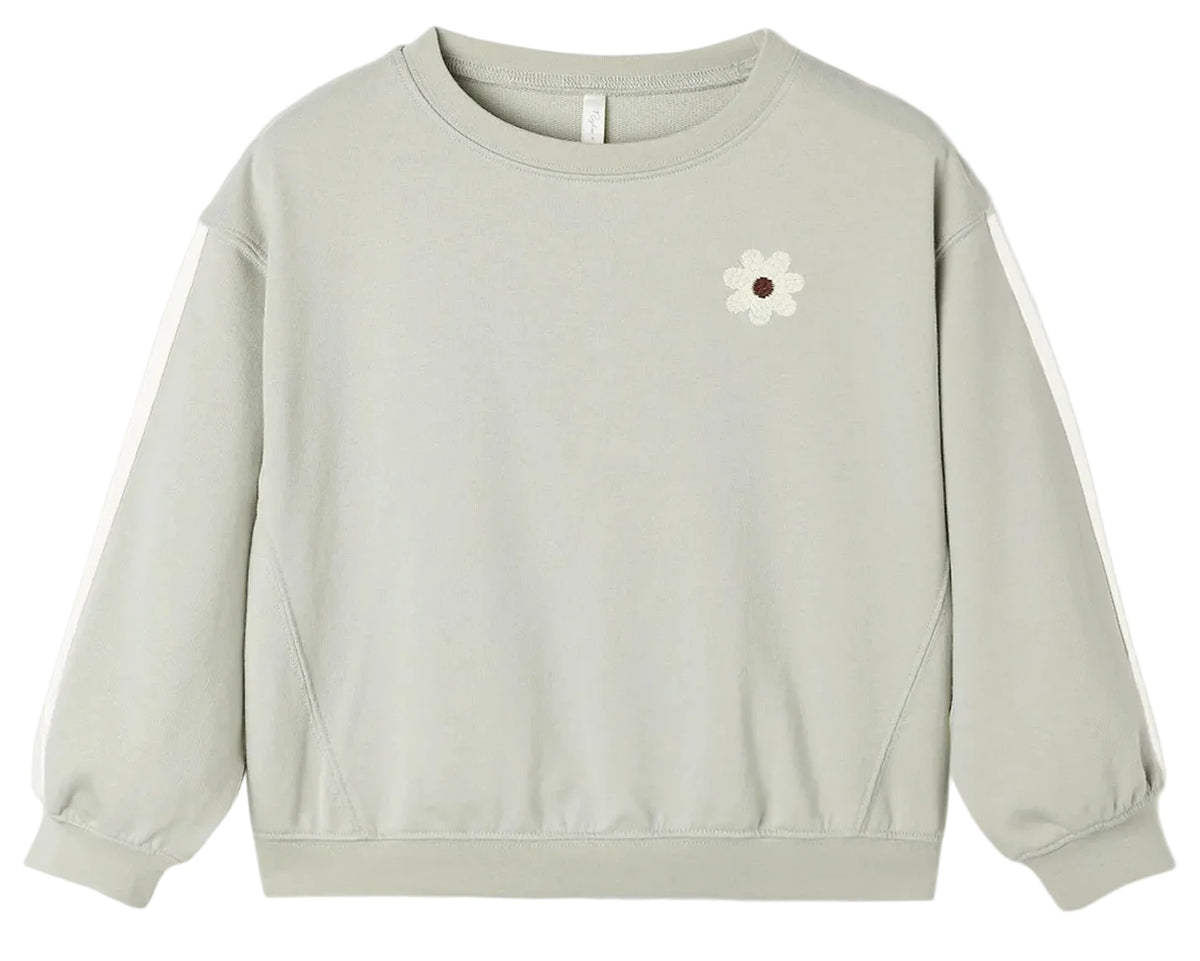 Rylee & Cru Baby Girls’ and Girls’ Oversized Sweatshirt in light gray, featuring long sleeves and a small embroidered white daisy with a brown center on the upper left chest.