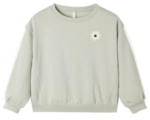 Rylee & Cru Baby Girls’ and Girls’ Oversized Sweatshirt in light gray, featuring long sleeves and a small embroidered white daisy with a brown center on the upper left chest.