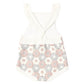 The Baby Girls' Crochet Romper by Rylee & Cru features ruffle straps and a pastel crocheted floral pattern on the back, offering vintage-inspired charm.