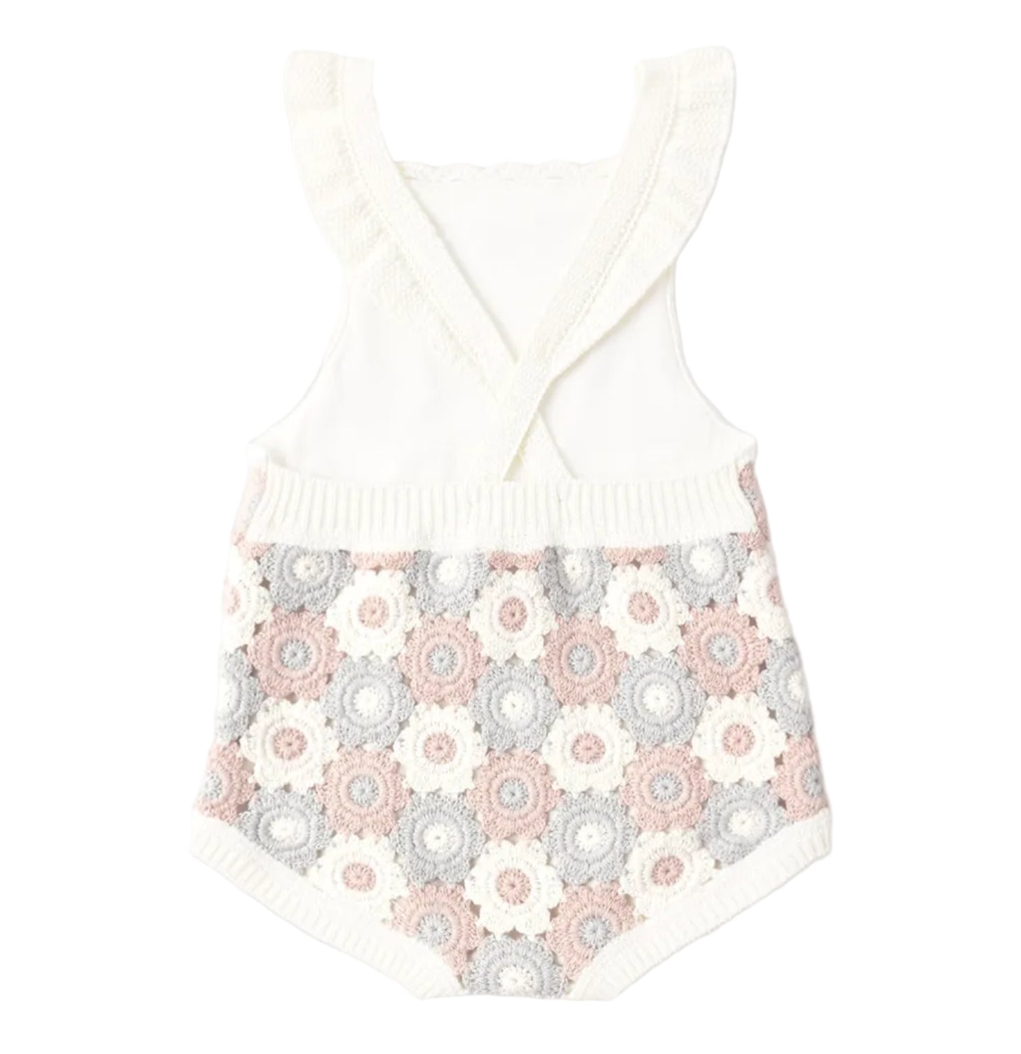The Baby Girls' Crochet Romper by Rylee & Cru features ruffle straps and a pastel crocheted floral pattern on the back, offering vintage-inspired charm.