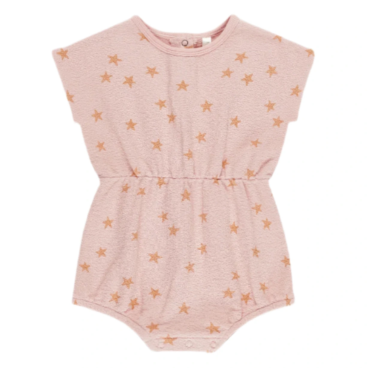 The Baby Girls' Kai Romper by Rylee & Cru features a light pink spongy knit, short sleeves, elastic waist, round neckline, starfish print, and snap buttons at the bottom.