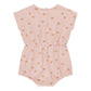 The Baby Girls' Kai Romper by Rylee & Cru features pink spongy knit fabric, short sleeves, a cinched waist, an all-over small brown star pattern, and buttons at the back neckline.