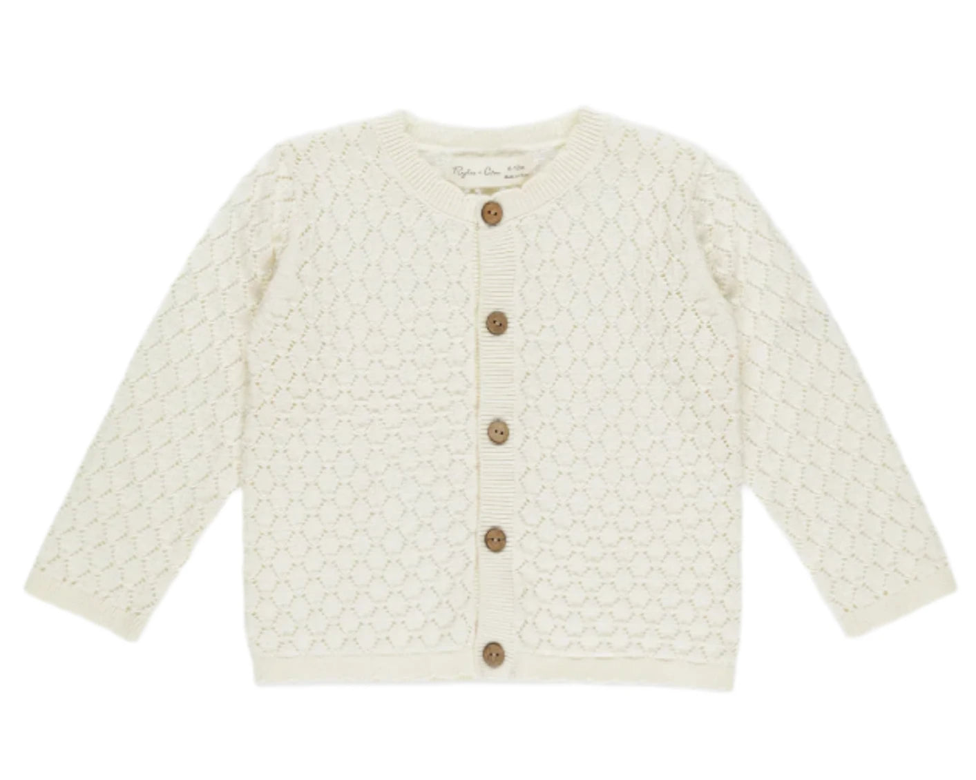 The Rylee & Cru Baby Girls' Crochet Cardigan features long sleeves, a scalloped trim, and five coconut buttons on the front in a cream hue.