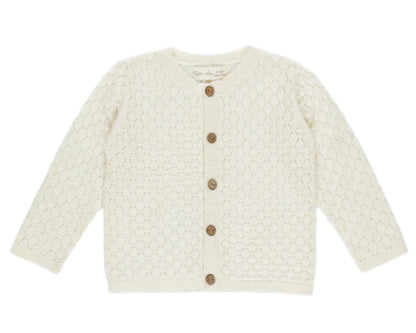 The Rylee & Cru Baby Girls' Crochet Cardigan features long sleeves, a scalloped trim, and five coconut buttons on the front in a cream hue.