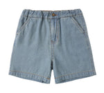 Rylee & Cru Baby Boys' and Boys' Dawson Short in light blue with elastic waistband, front button closure, side pockets, and visible stitching, shown on a white background.