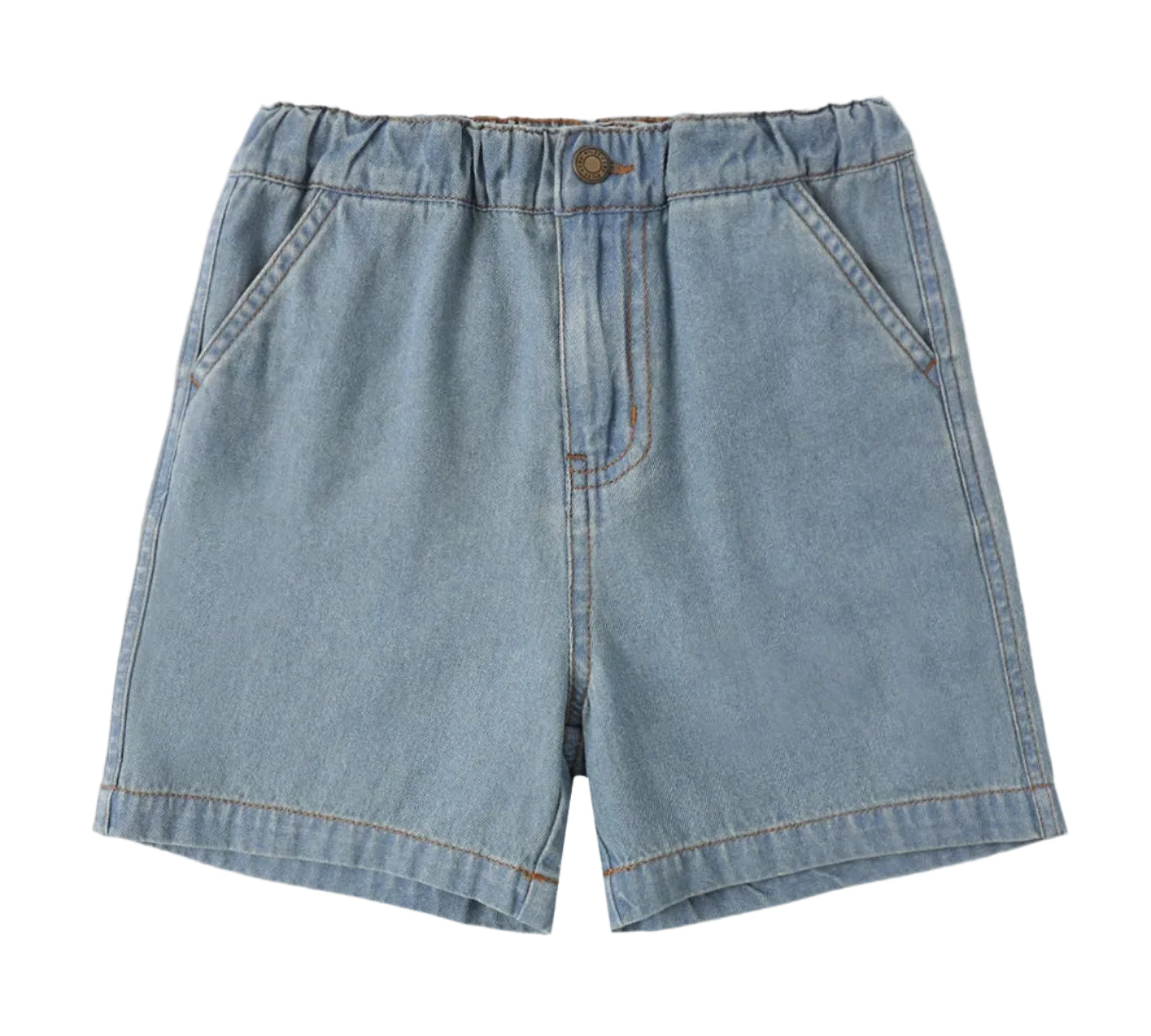 Rylee & Cru Baby Boys' and Boys' Dawson Short in light blue with elastic waistband, front button closure, side pockets, and visible stitching, shown on a white background.