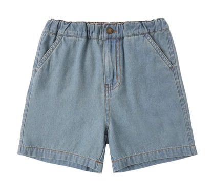 Rylee & Cru Baby Boys' and Boys' Dawson Short in light blue with elastic waistband, front button closure, side pockets, and visible stitching, shown on a white background.