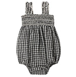 The Rylee & Cru Baby Girls' Julia Romper, shown in black and white gingham with ruffle detail and shoulder straps, is displayed against a white background.