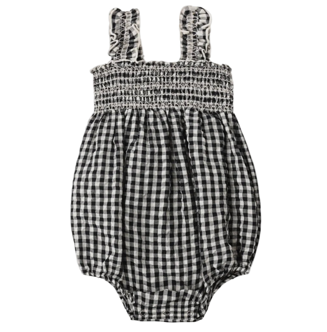 The Rylee & Cru Baby Girls' Julia Romper, shown in black and white gingham with ruffle detail and shoulder straps, is displayed against a white background.