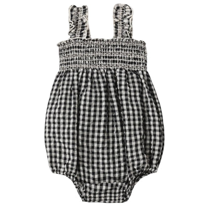 The Rylee & Cru Baby Girls' Julia Romper, shown in black and white gingham with ruffle detail and shoulder straps, is displayed against a white background.