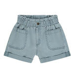 The Girls' Alba Shorts by Rylee & Cru feature light blue denim in the brand's ocean hue, with an elastic waistband, front button closure, and two front pockets, shown on a white background.