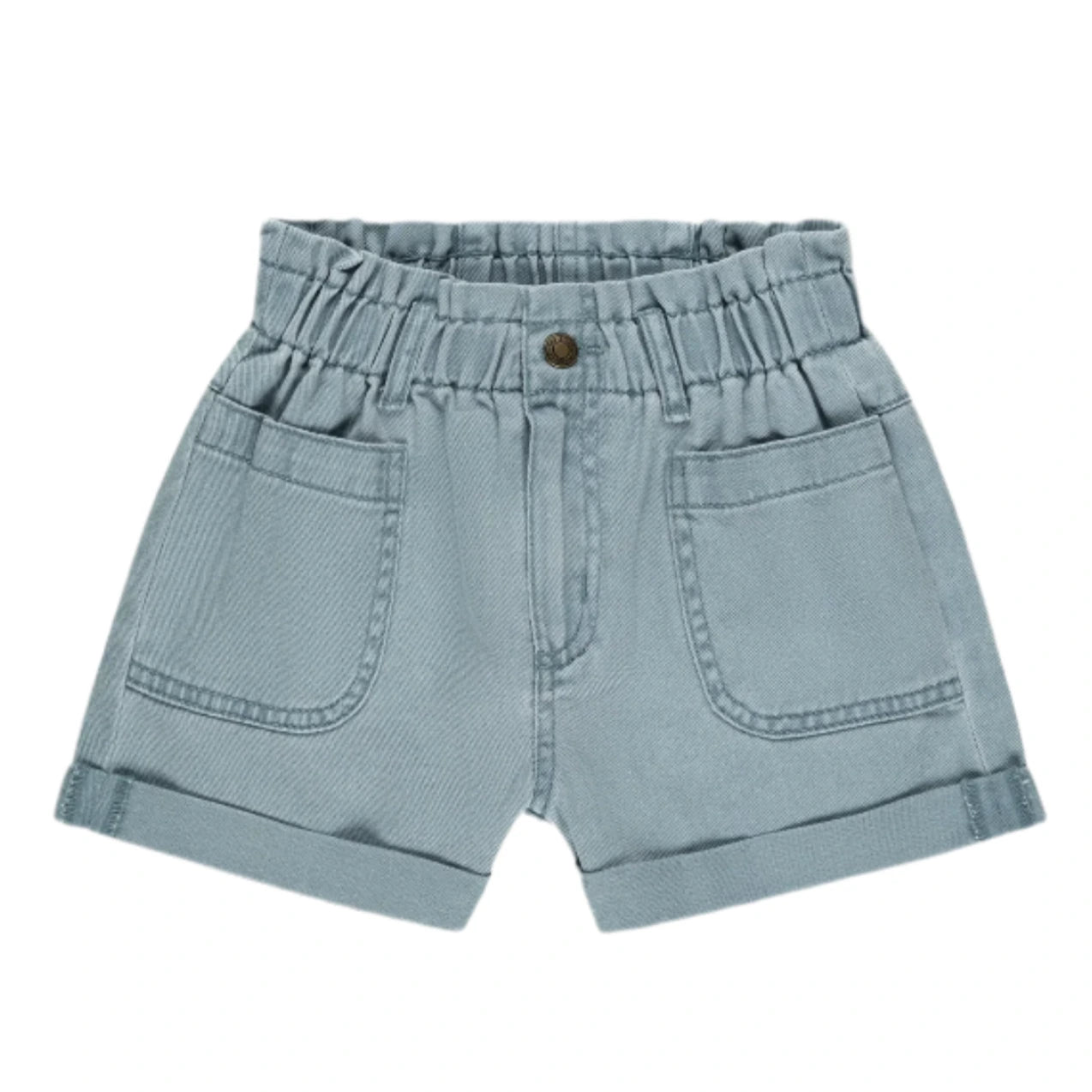 The Girls' Alba Shorts by Rylee & Cru feature light blue denim in the brand's ocean hue, with an elastic waistband, front button closure, and two front pockets, shown on a white background.