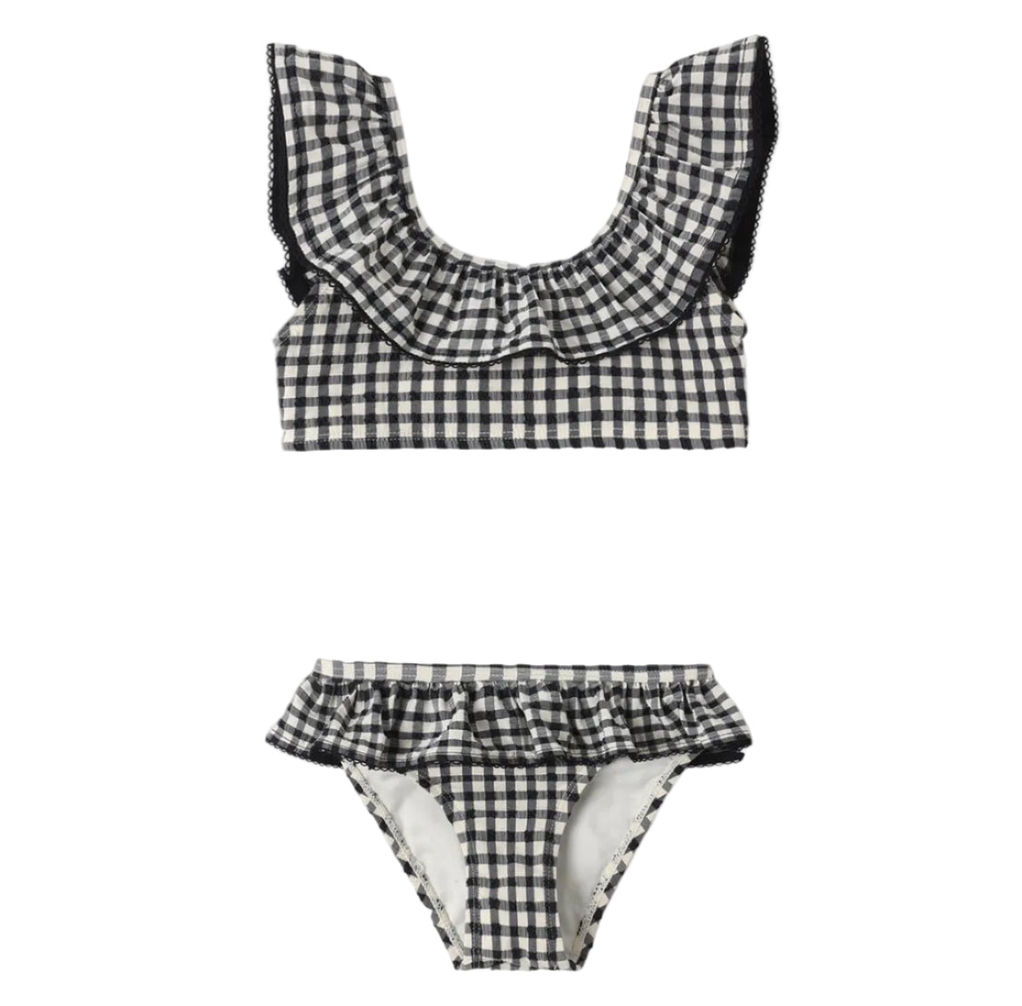 The Rylee & Cru Girls' Margot Bikini features a charming two-piece design in black and white gingham, with a ruffled collar on the top and a matching ruffled waistband on the bottom. This stylish swimsuit also provides UPF 50+ protection, making it perfect for sunny days by the water.