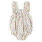 The Rylee & Cru Baby Girls' Maya Romper is a vintage-inspired floral romper with ruffled shoulder straps, front buttons, and elastic leg openings, shown on a white background.