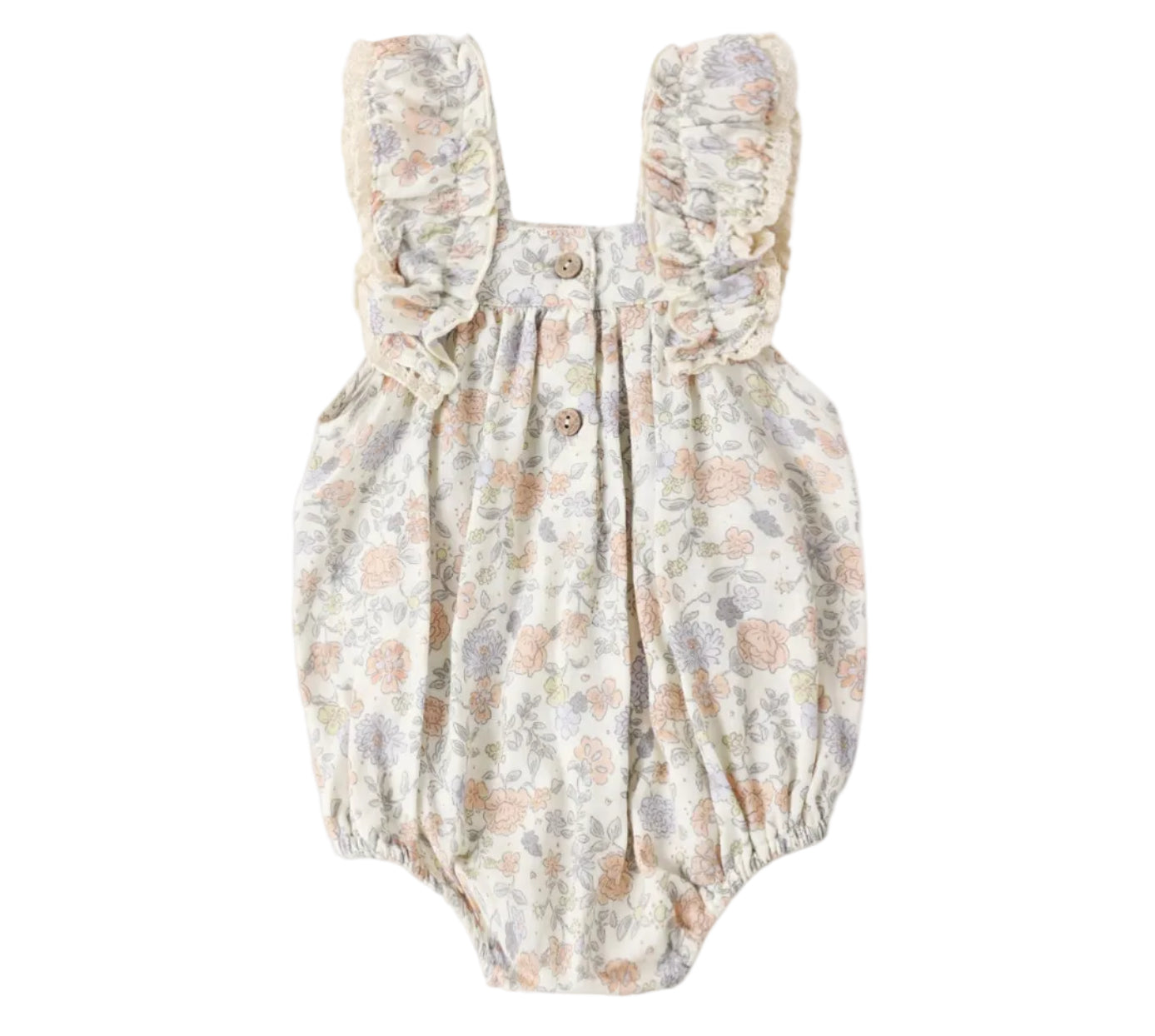 The Rylee & Cru Baby Girls' Maya Romper is a vintage-inspired floral romper with ruffled shoulder straps, front buttons, and elastic leg openings, shown on a white background.
