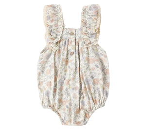 The Rylee & Cru Baby Girls' Maya Romper is a vintage-inspired floral romper with ruffled shoulder straps, front buttons, and elastic leg openings, shown on a white background.