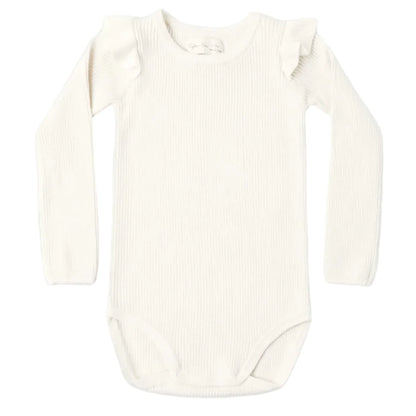 The Rylee & Cru Baby Girls’ Shoulder Ruffle Bodysuit, featuring long sleeves and an off-white ribbed design with delicate shoulder ruffles, is laid flat on a white background.