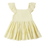 The Rylee & Cru Baby Girls' Remi Romper features light yellow fabric, ruffled eyelet lace shoulder straps, and a flared skirt with eyelet hem—ideal for a charming, breezy look.