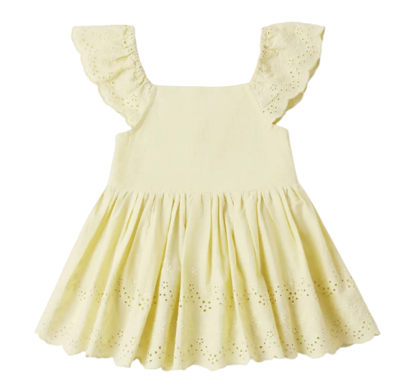 The Rylee & Cru Baby Girls' Remi Romper features light yellow fabric, ruffled eyelet lace shoulder straps, and a flared skirt with eyelet hem—ideal for a charming, breezy look.