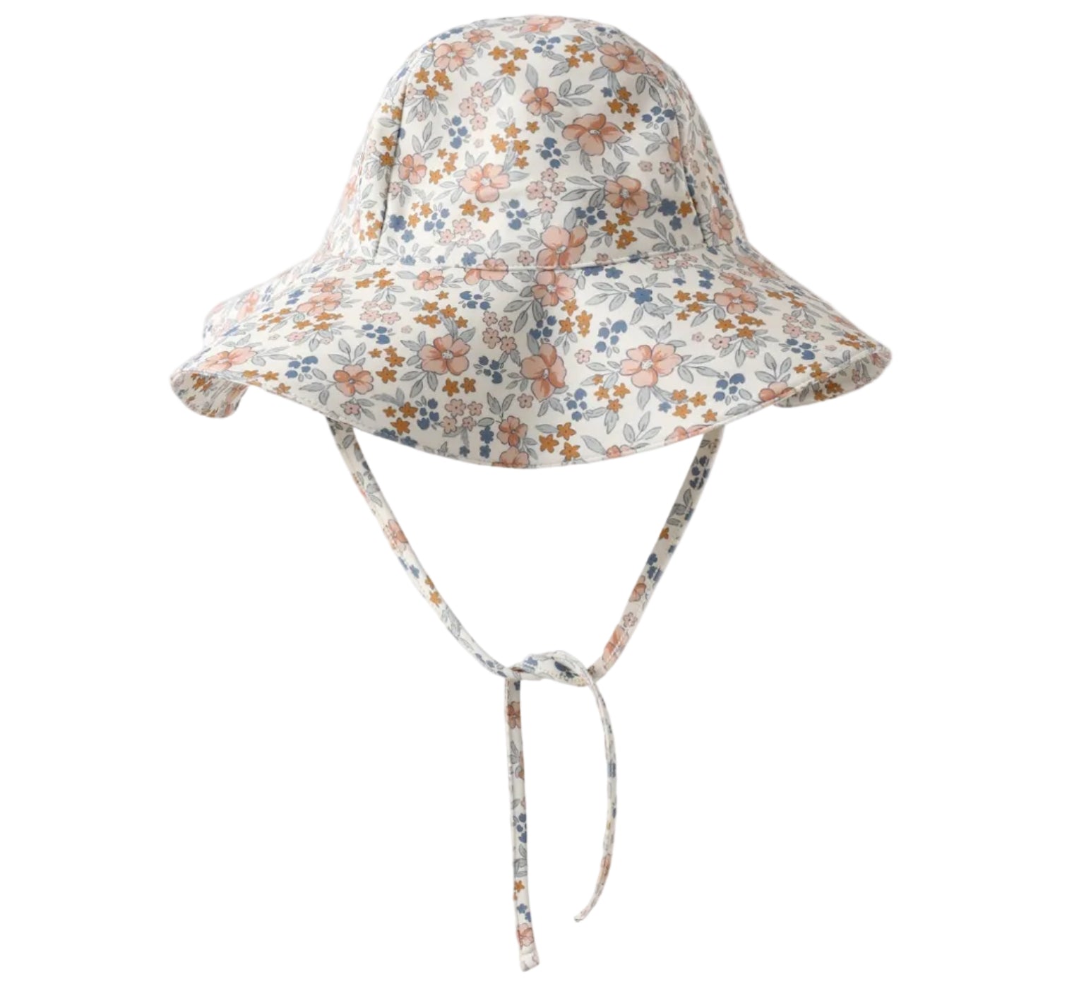 The Girls' Floppy Swim Hat by Rylee & Cru features a wide brim, chin straps, and a floral print in orange, blue, and green on white. It offers UPF 50+ sun protection for stylish outdoor safety.