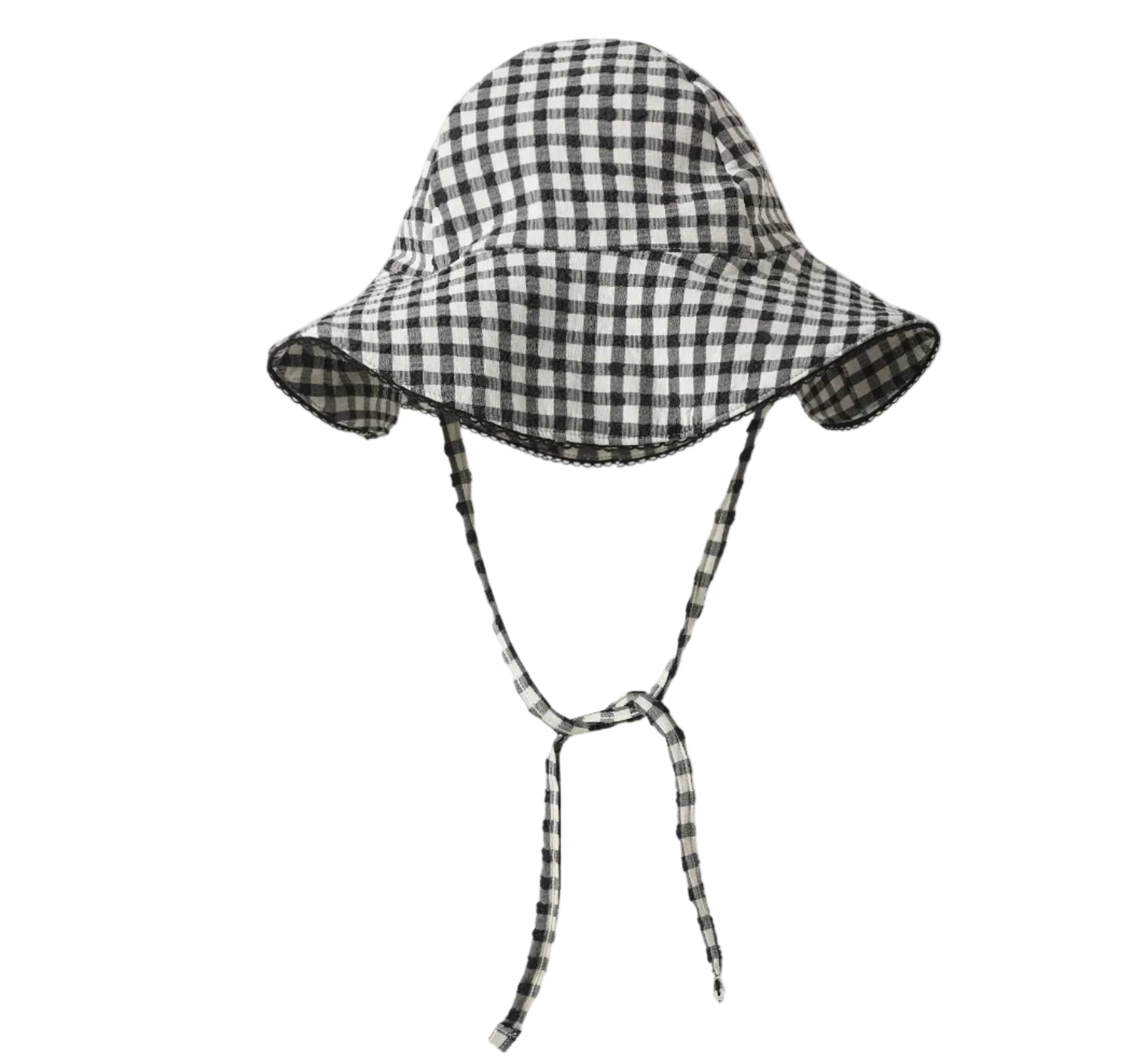 The Rylee & Cru Baby Swim Hat features a black and white checkered design with a wide brim and chin straps for stylish sun protection, shown against a white background.
