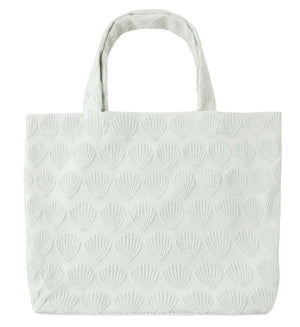 Light-colored Rylee & Cru Beach Bag with a textured scallop shell pattern and two handles, displayed against a white background—an ideal everyday accessory.