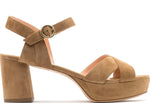 Rupert Sanderson Deidre Platform Sandal by Rupert Sanderson with a thick chunky heel, open toe, and a strap with a gold buckle around the ankle.