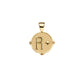 The Jane Win Letter Pendant Satellite Necklace Collection features a 14k gold round pendant with a raised "R" and star symbol, plus a simple bail—ideal for personalized letter jewelry.
