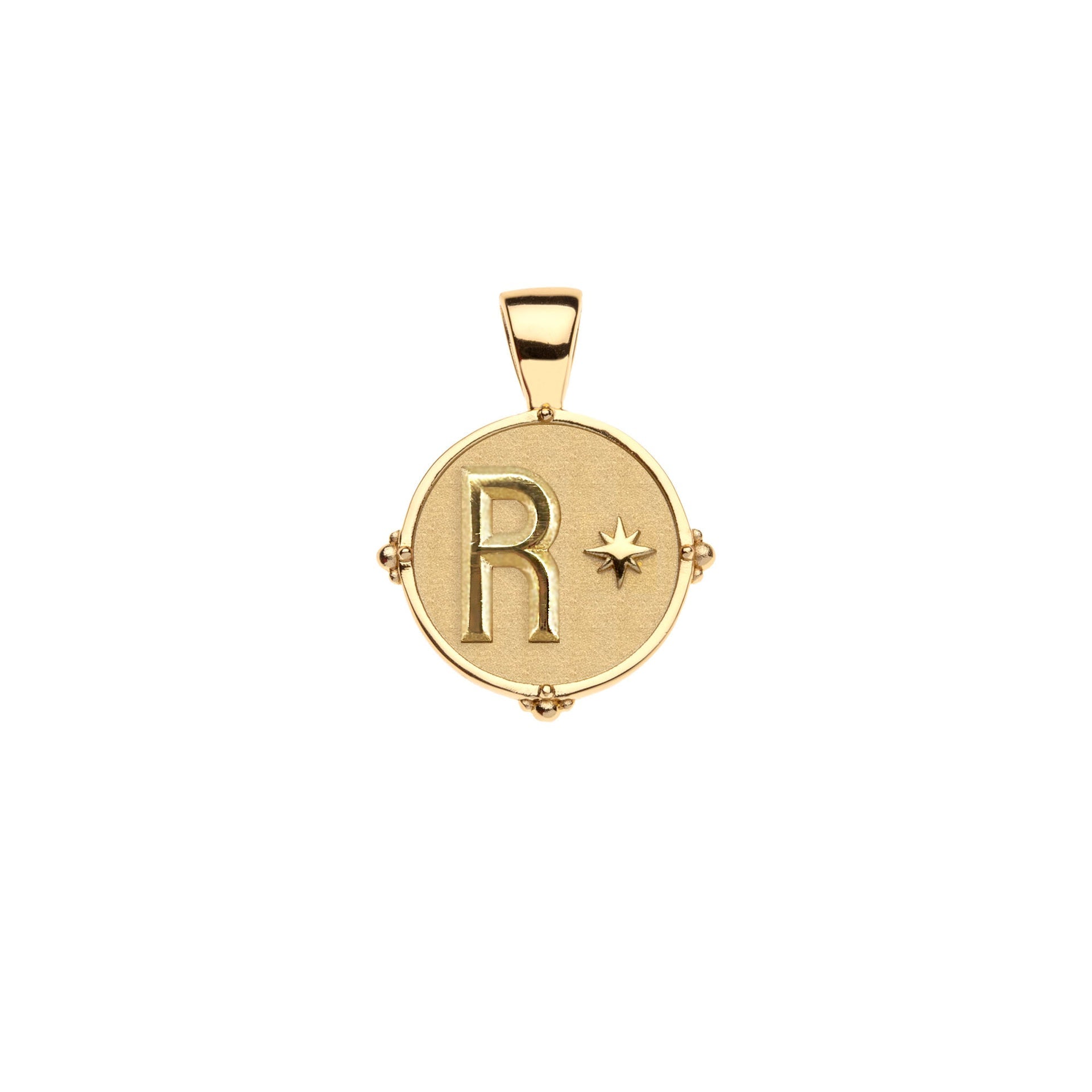 The Jane Win Letter Pendant Satellite Necklace Collection features a 14k gold round pendant with a raised "R" and star symbol, plus a simple bail—ideal for personalized letter jewelry.