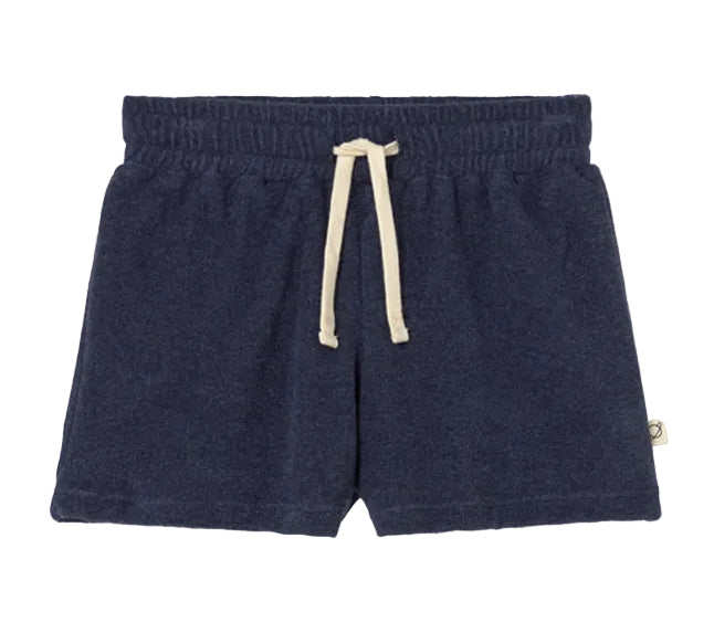 Cozmo Boys' Root Terry Shorts in navy blue, featuring an elastic waistband and adjustable white drawstring, shown on a white background.