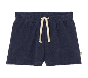Cozmo Boys' Root Terry Shorts in navy blue, featuring an elastic waistband and adjustable white drawstring, shown on a white background.