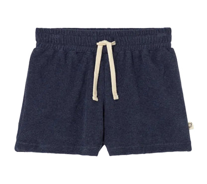 Cozmo Boys' Root Terry Shorts in navy blue, featuring an elastic waistband and adjustable white drawstring, shown on a white background.