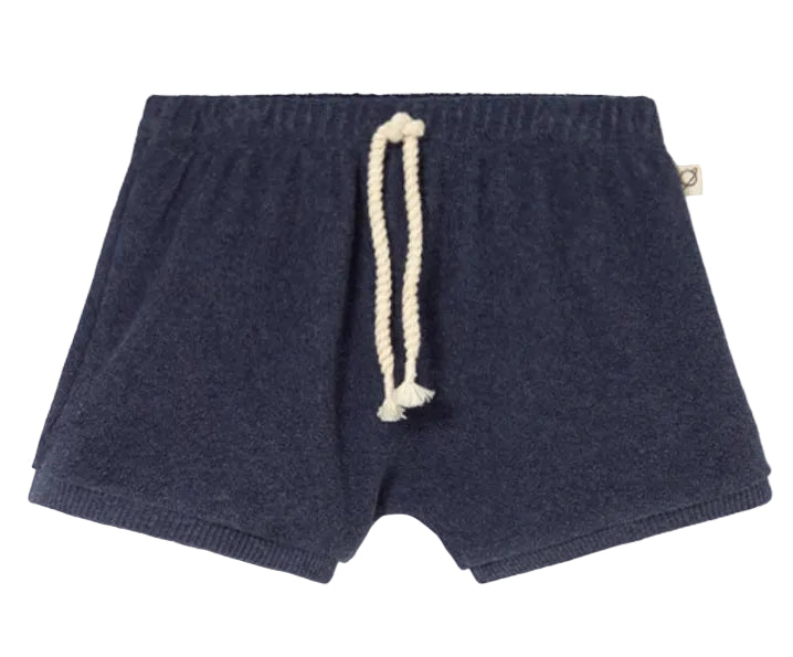 The Cozmo Baby Boys' Rowan Terry Short in navy blue features an elastic waistband and white drawstring, shown on a white background.