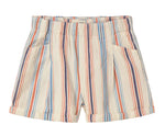 Cozmo Baby Boys' Roy Striped Shorts in beige cotton feature vertical blue, orange, and red stripes, front pockets, and a rolled hem design for toddlers.