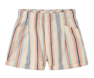 Cozmo Baby Boys' Roy Striped Shorts in beige cotton feature vertical blue, orange, and red stripes, front pockets, and a rolled hem design for toddlers.