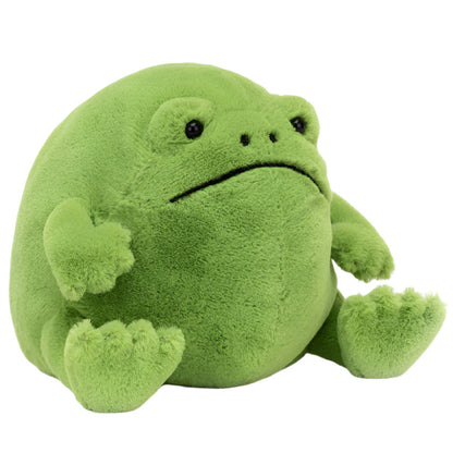 The Jellycat Ricky Rain Frog is a round, green plush with short limbs and black eyes, sitting upright against a white background—a squishy, huggable toy for comfort whenever you need it.