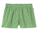 Cozmo Girls' Ruby Eyelet Shorts in light green feature an elastic waistband, delicate eyelet details, and a charming floral cut-out pattern.