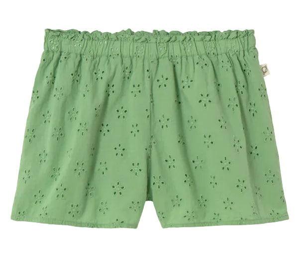 Cozmo Girls' Ruby Eyelet Shorts in light green feature an elastic waistband, delicate eyelet details, and a charming floral cut-out pattern.