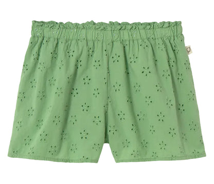 Cozmo Girls' Ruby Eyelet Shorts in light green feature an elastic waistband, delicate eyelet details, and a charming floral cut-out pattern.