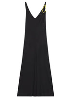 Black sleeveless v-neck Lanvin Sleeveless A-Line Midi Dress displayed on a white background with a yellow sunglasses accessory on the top left strap.